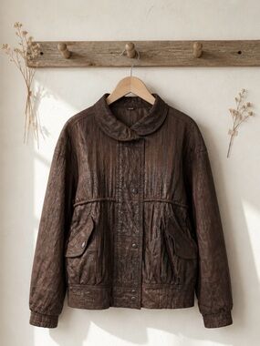 Women's Brown Quilted Leather Jacket with Button Front